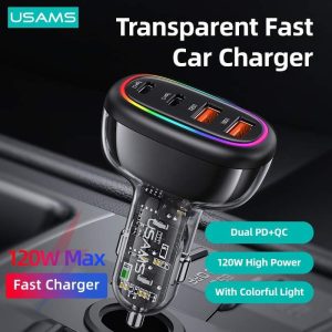 USAMS US-CC169 PD30W+QC3.0 120W 4-port Transparent Car Fast Charger with Colorful Lights