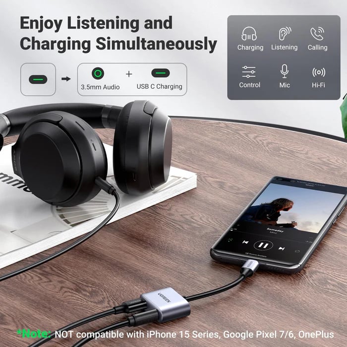 UGREEN USB C to 3.5mm Audio Jack and Charger Adapter 60W PD Fast Charge DAC Audio Splitter (60164)