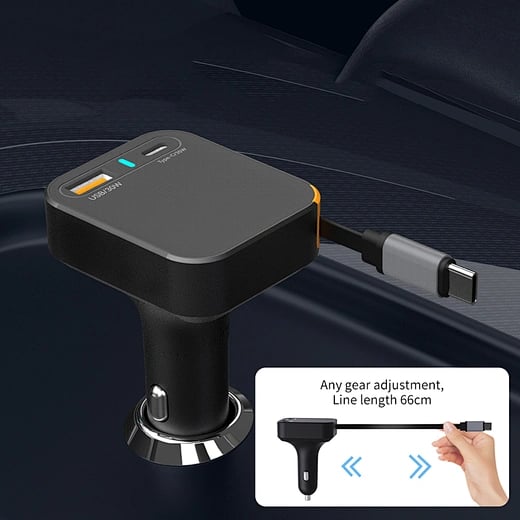WIWU Wi-CC033 Helix 65W USB-A and USB-C Car Charger with Retractable USB-C Cable