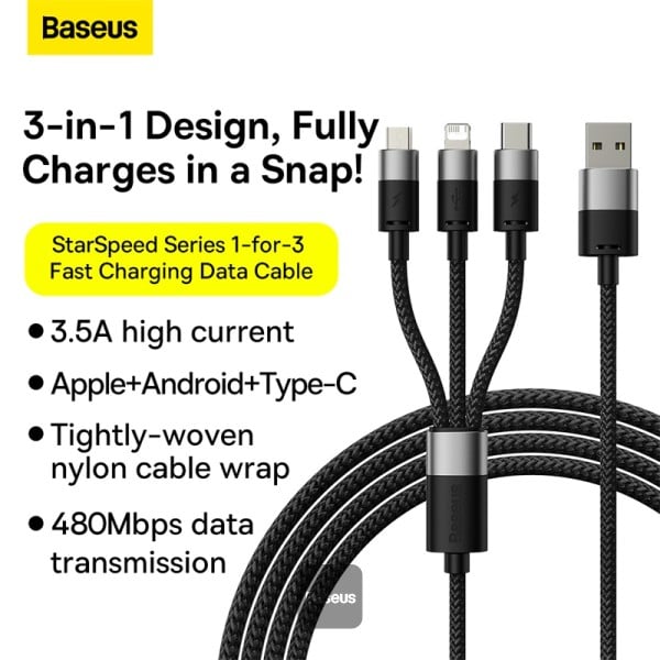 Baseus High Current 3.5A StarSpeed 1 For 3 Fast Charging Data Cable USB to M+L+C