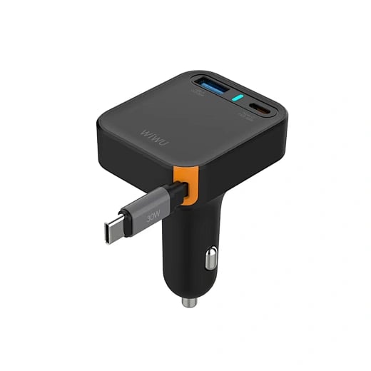 WIWU Wi-CC033 Helix 65W USB-A and USB-C Car Charger with Retractable USB-C Cable