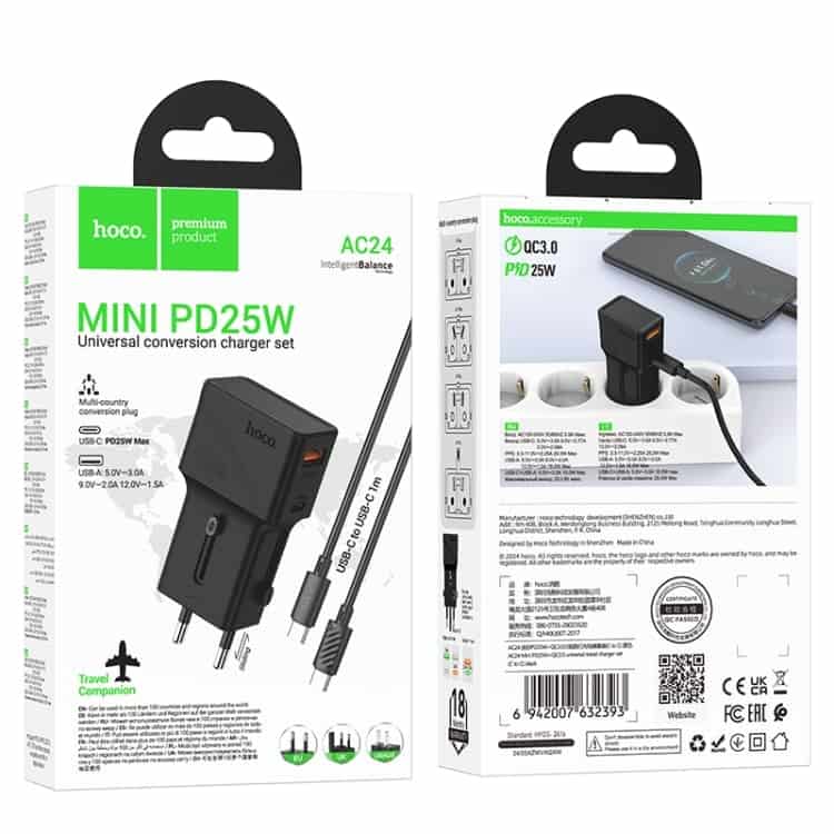 Hoco AC24 Mini PD25W QC3.0 Universal Travel Charger with Type-C to Type-C Cable
