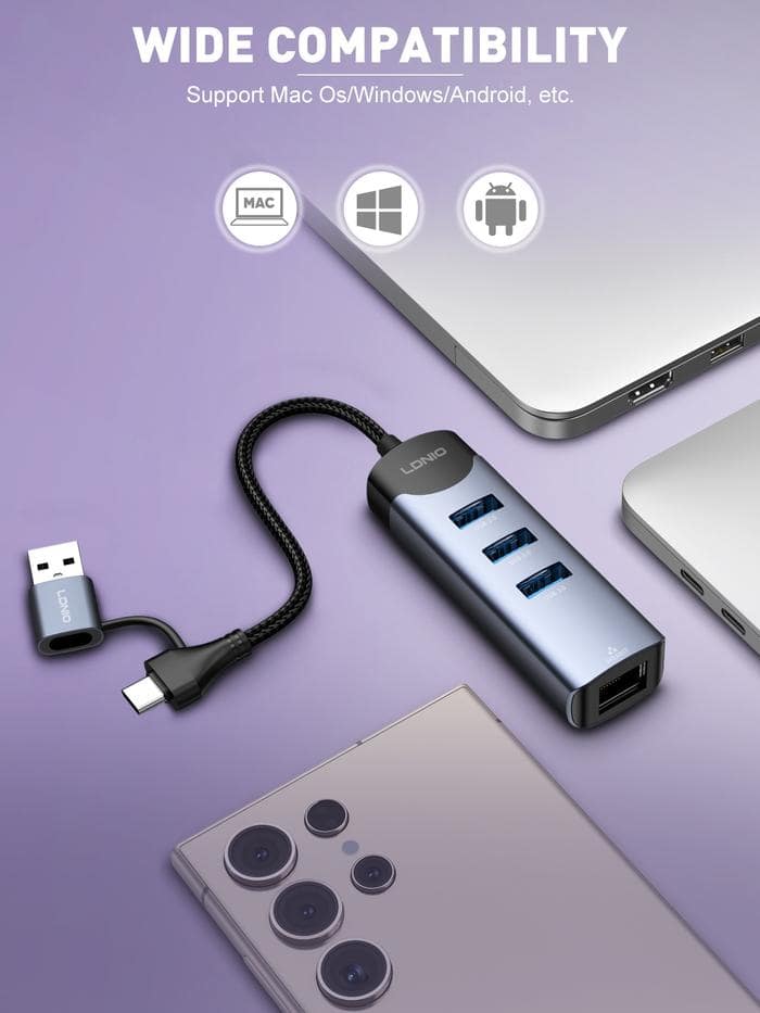 Ldnio DS-144uc USB-A+C+RJ45 Hub Adapter
