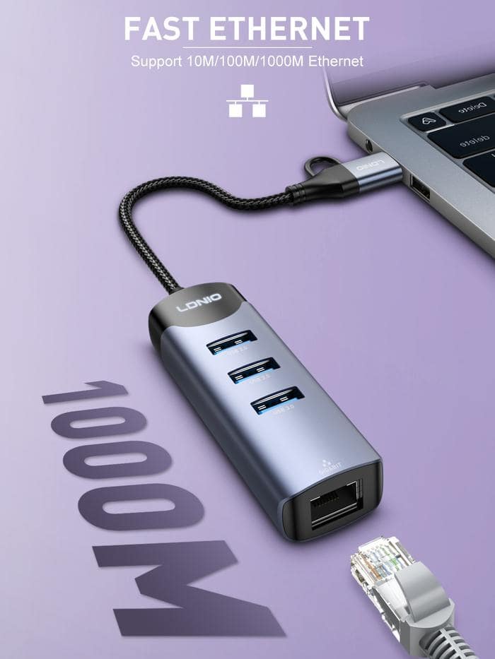 Ldnio DS-144uc USB-A+C+RJ45 Hub Adapter