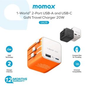 Momax UA29 1-World² 20W Universal 2-Port USB Travel Adapter