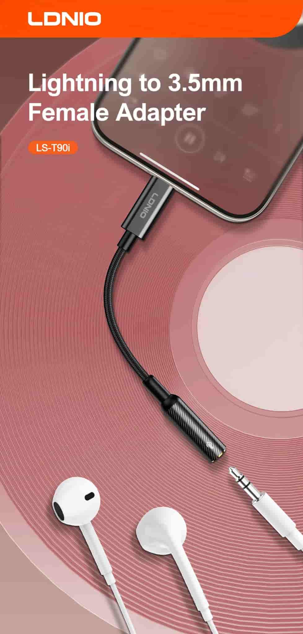 Ldnio LS-T90i Lightning To 3.5mm Female Adapter Hi-Fi Audio Calls Supported