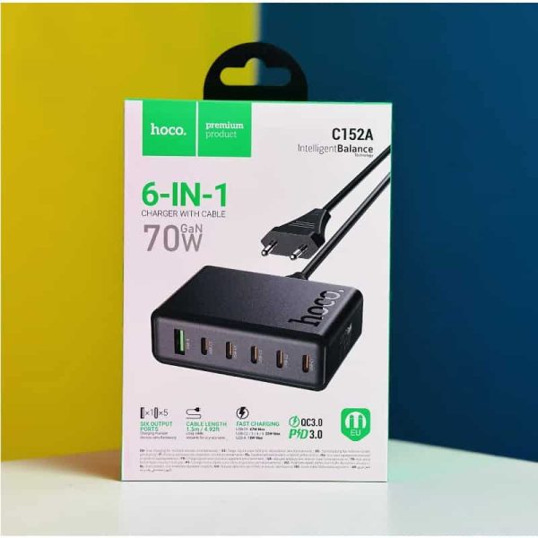 Hoco C152A 70W PD 6-Port Desktop Charger | 5 USB-C + 1 USB-A Fast Charger