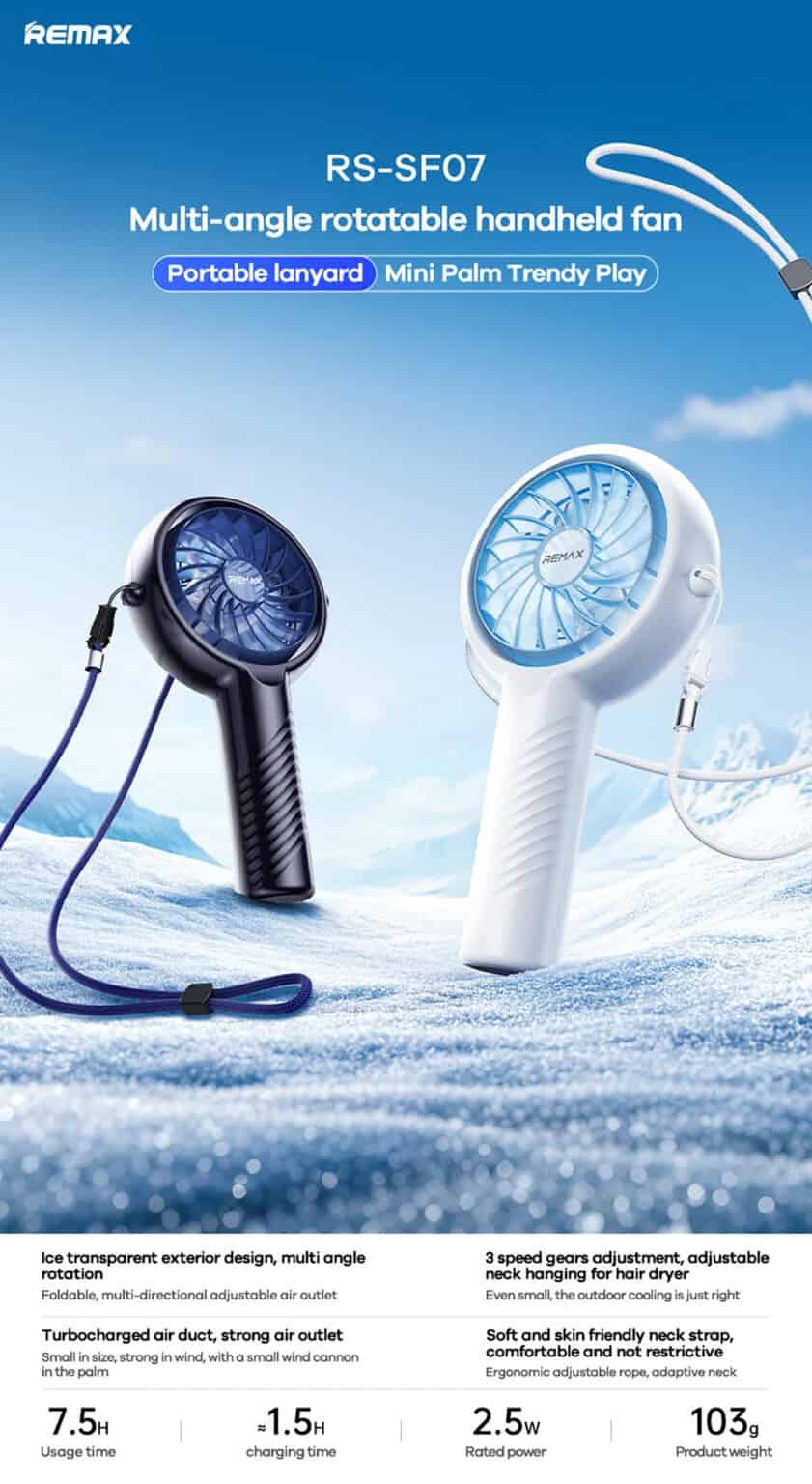 Remax SF07 Rotatable Handheld Fan 1200mAh Battery – Blue