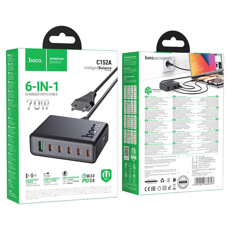 Hoco C152A 70W PD 6-Port Desktop Charger | 5 USB-C + 1 USB-A Fast Charger