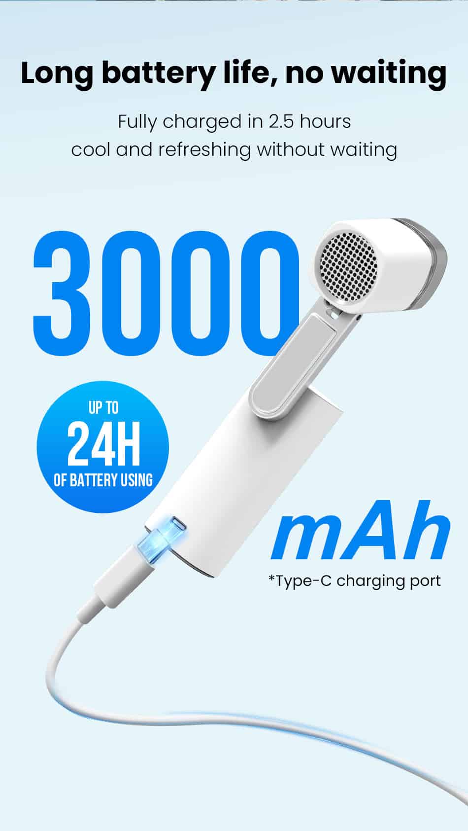 FW3 Handheld Folding Fan with LED Light 3000mAh Long Life Battery