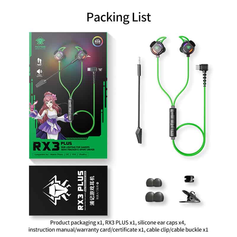 Plextone RX3 Plus Type C RGB Gaming Earphones Bass Wired In-Ear Headset with Dual Mic