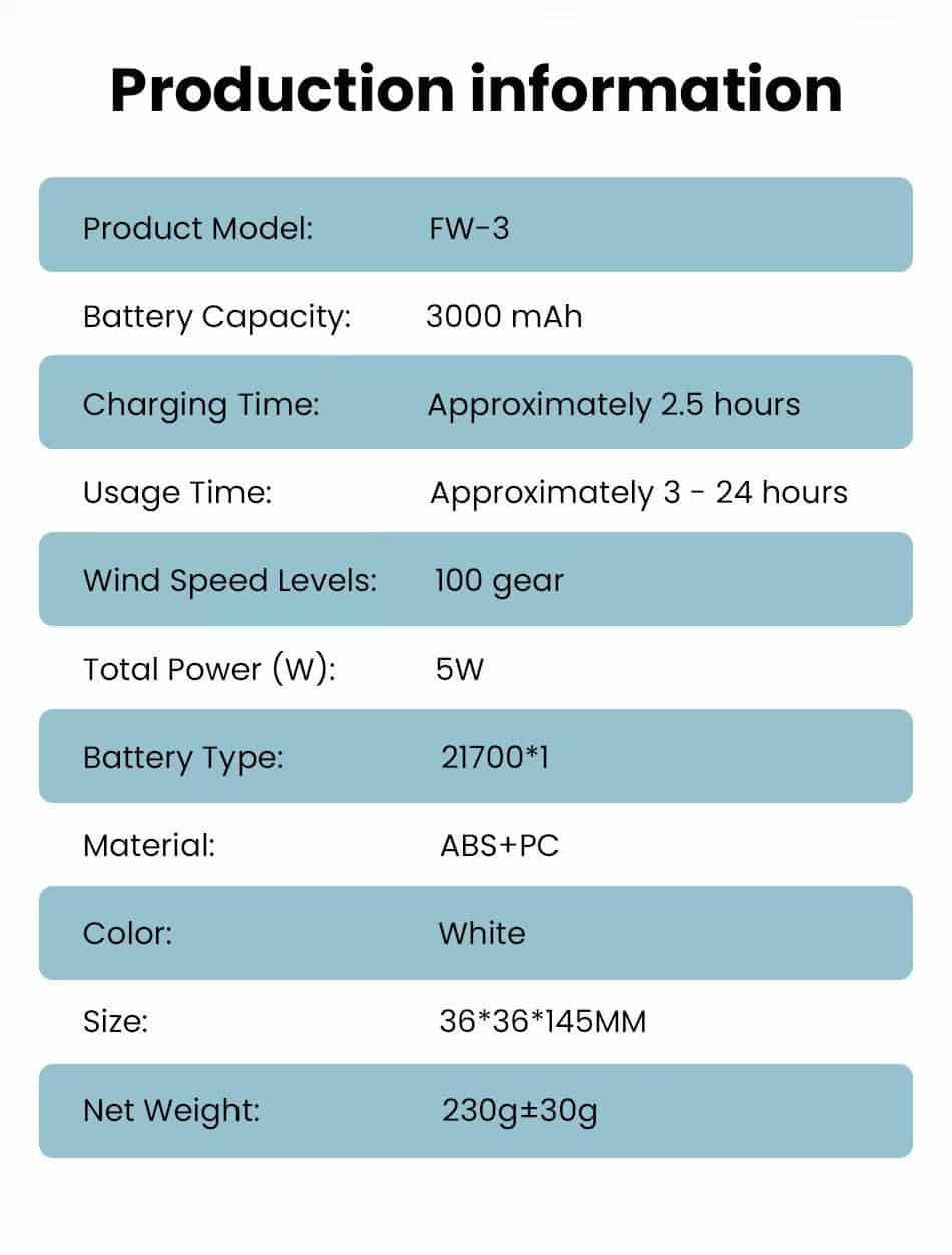 FW3 Handheld Folding Fan with LED Light 3000mAh Long Life Battery