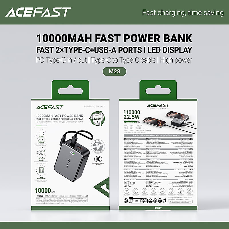 Acefast 22.5W PD QC 10000mAh Power Bank With Display and Cable (M28)