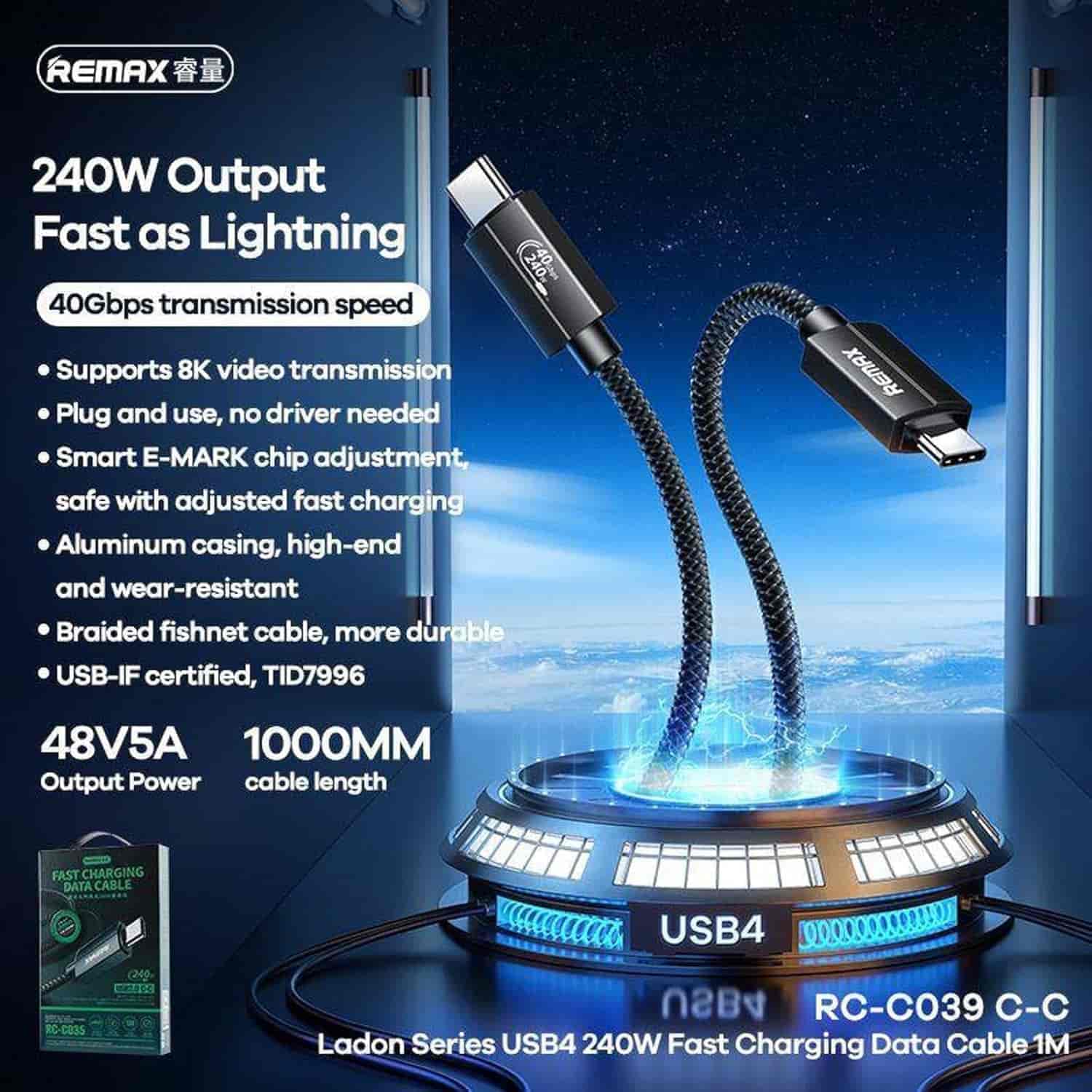 Remax RC-C039 240W Type-c to Type-c Cable 8K 40GBPS Thunderbolt USB 4.0 Cable