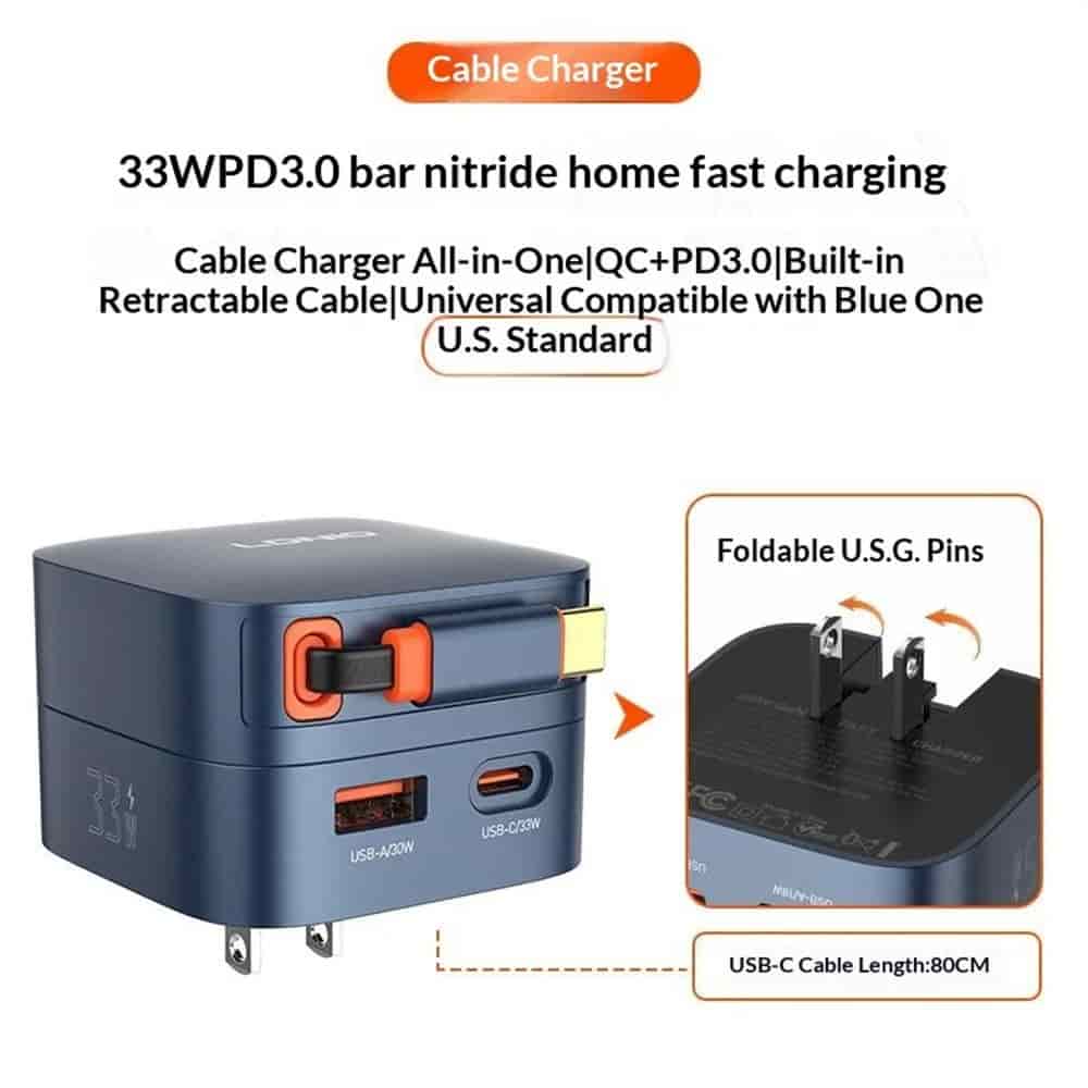LDNIO Q9 33W GaN Fast Charger with Retractable Cable