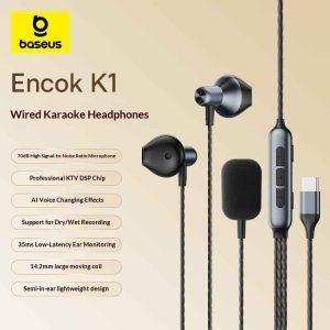 Baseus Encok K1 Karaoke Used Headphones Built-in Ear-Monitoring Wired Microphone