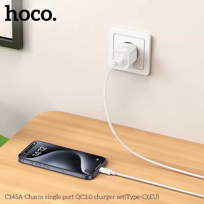 Hoco C145A QC 18W Mini Charger with USB-A to Type-C Cable