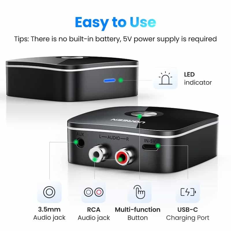 UGREEN CM106 Bluetooth RCA Receiver 5.1 AptX HD 3.5mm Jack Aux Wireless Adapter