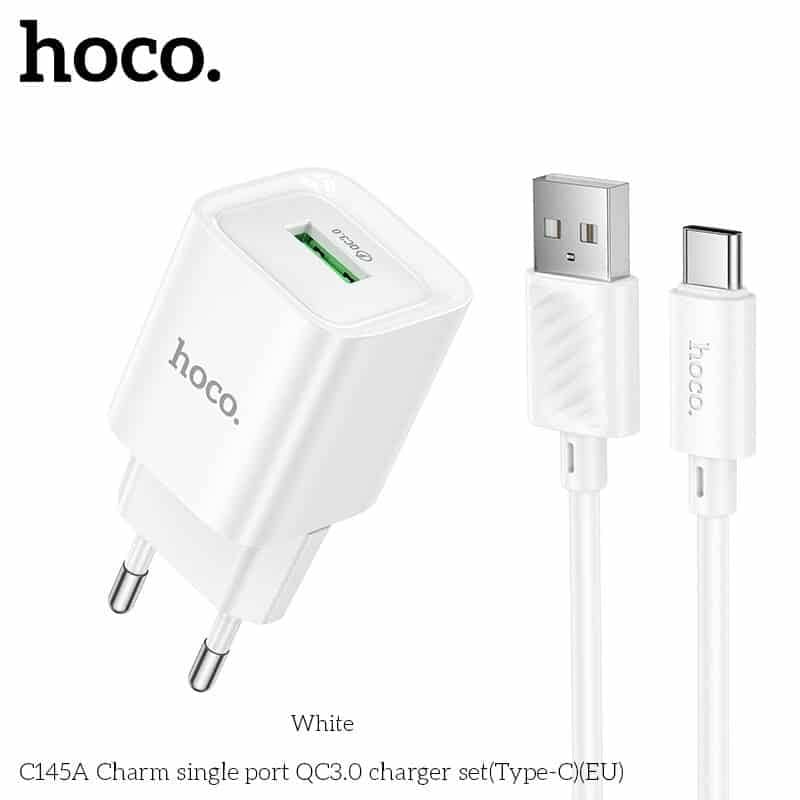 Hoco C145A QC 18W Mini Charger with USB-A to Type-C Cable