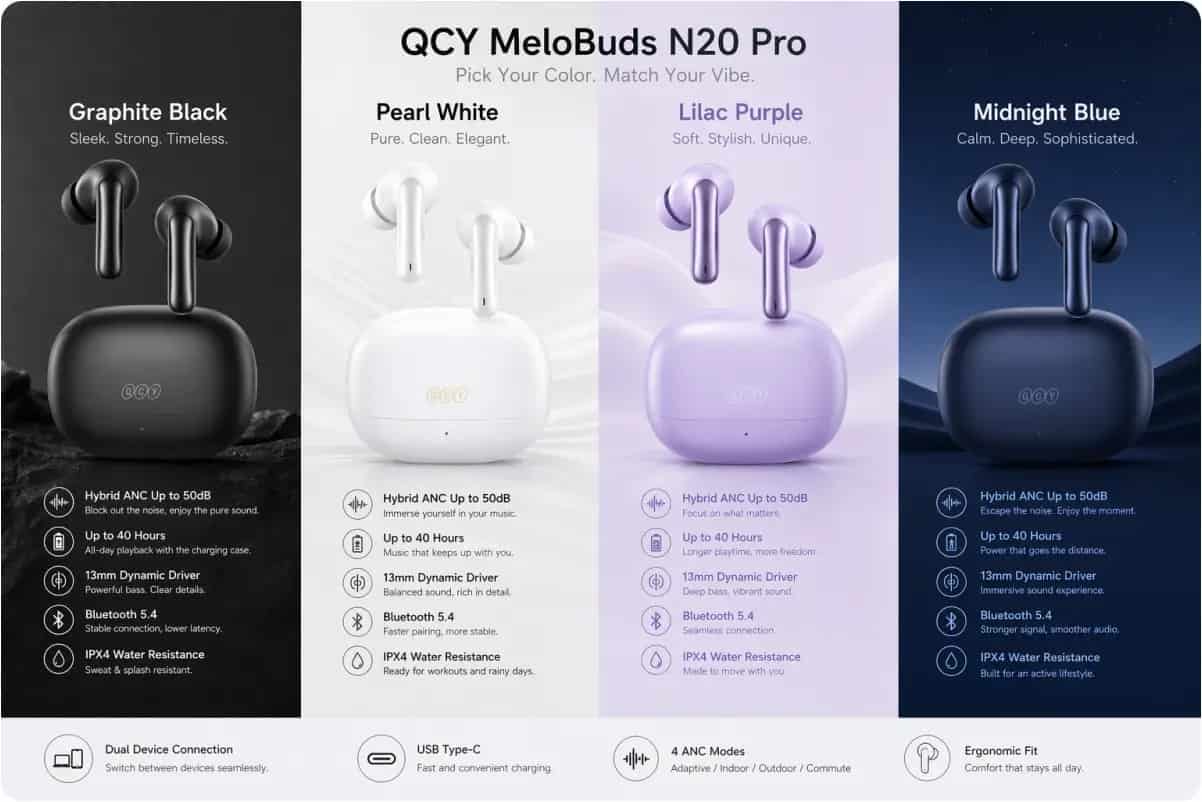 QCY Melobuds N20 Pro 50dB Hybrid ANC + Hi-Res Audio & LDAC TWS Earbuds