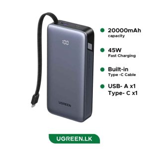 UGREEN PB536 45W 20000mAh Power Bank with Built-in Cable