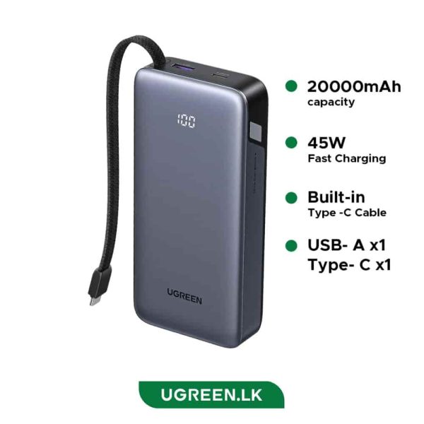 UGREEN PB536 45W 20000mAh Power Bank with Built-in Cable