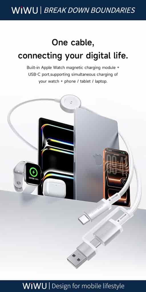 WiWU WI-C104 Titanlink 2-in-1 Apple Watch Charger With 100W Fast Charging Cable