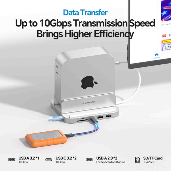 PULWTOP USB C Hub Stand for Mac Mini M4 and M4 Pro - BS212D