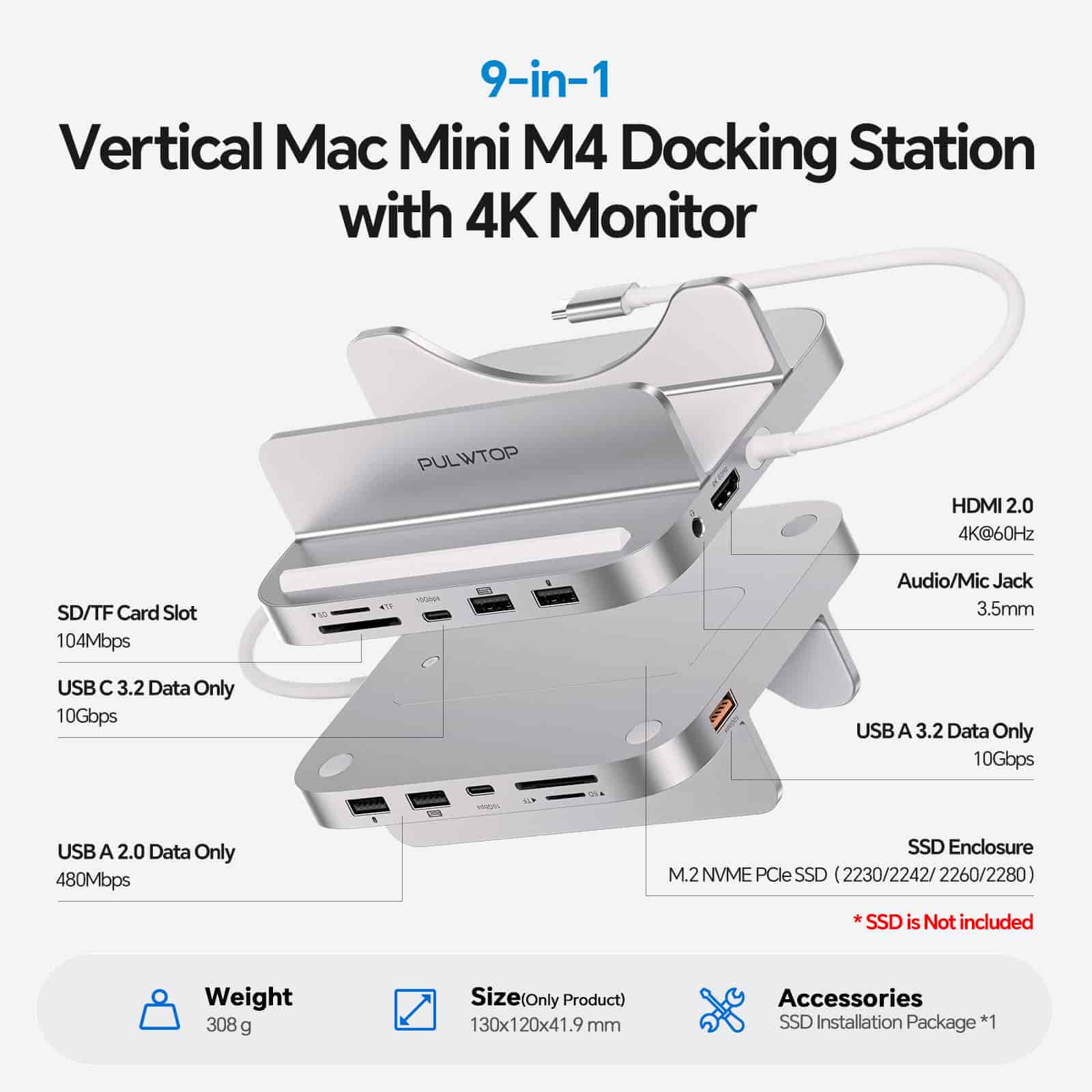PULWTOP USB C Hub Stand for Mac Mini M4 and M4 Pro - BS212D