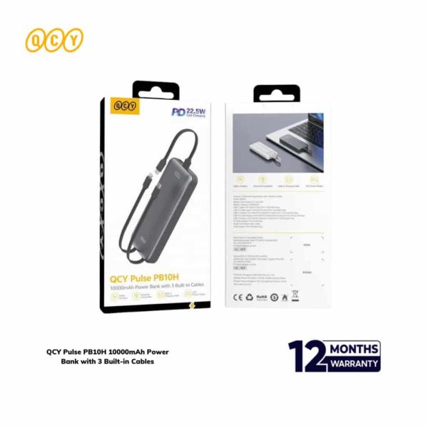 QCY Pulse PB10H 10000mAh Power Bank with 3 Built-in Cables