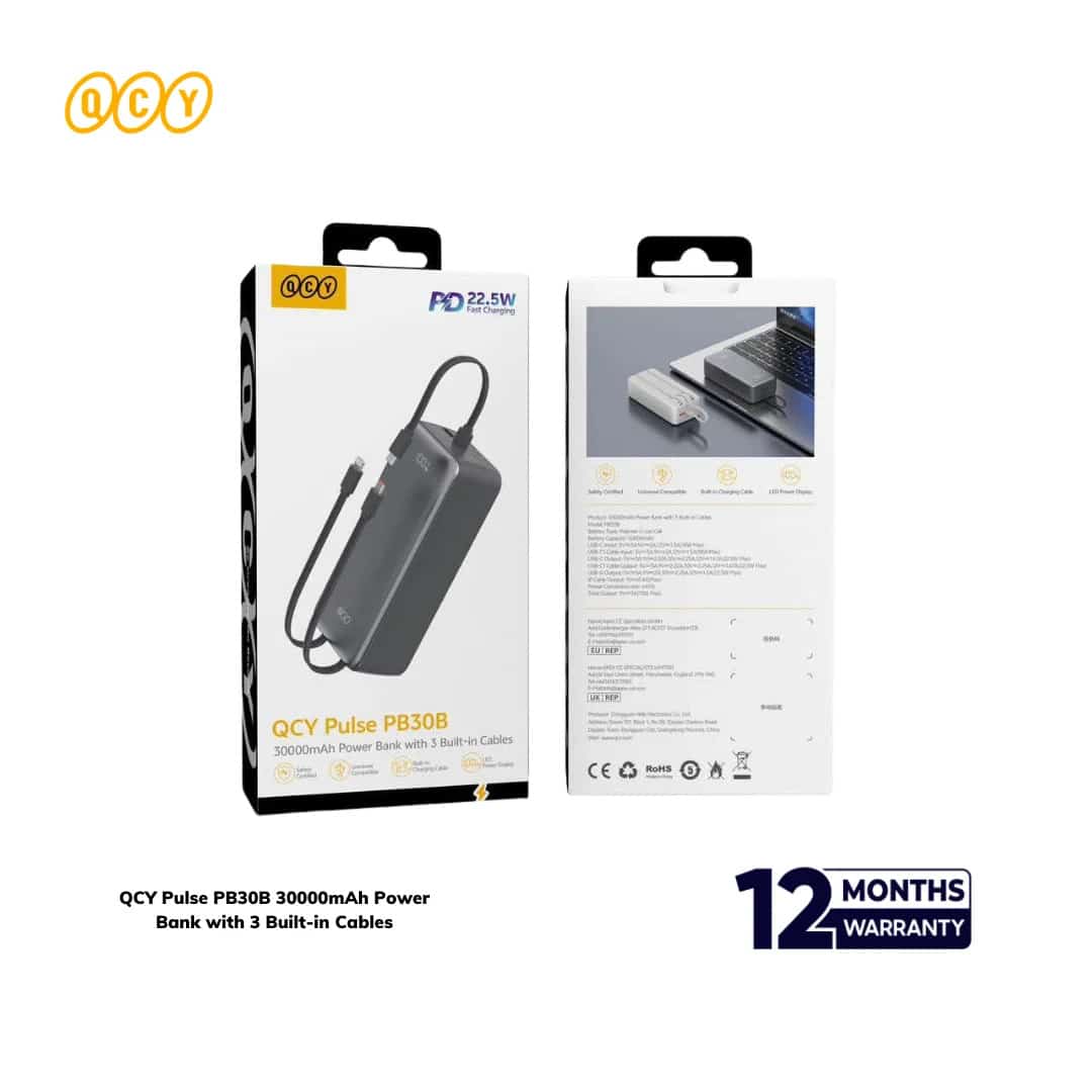 QCY Pulse PB30B 30000mAh 22.5W Power Bank with 3 Built-in Cables