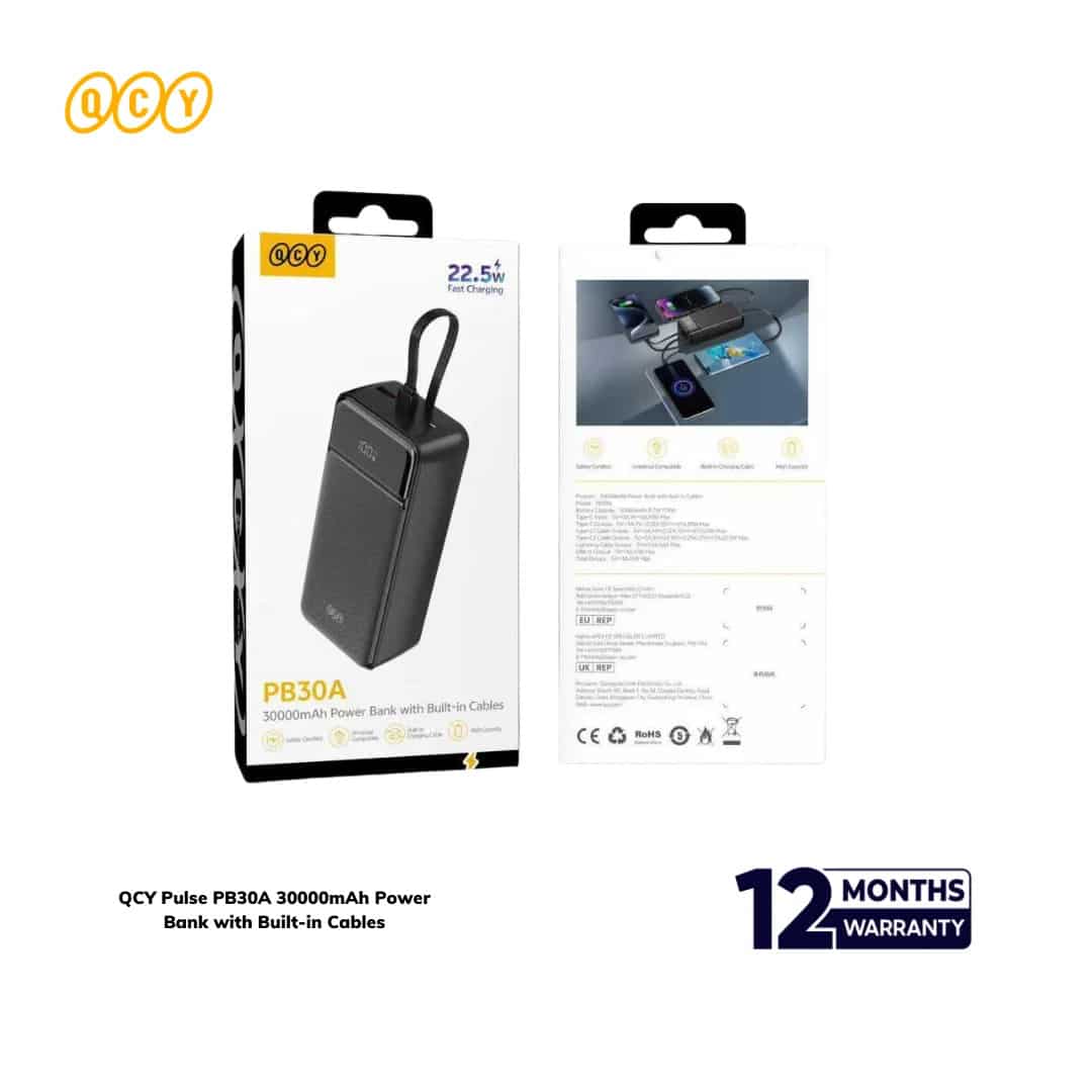 QCY Pulse PB30A 30000mAh PD 22.5W Power Bank with Built-in Cables