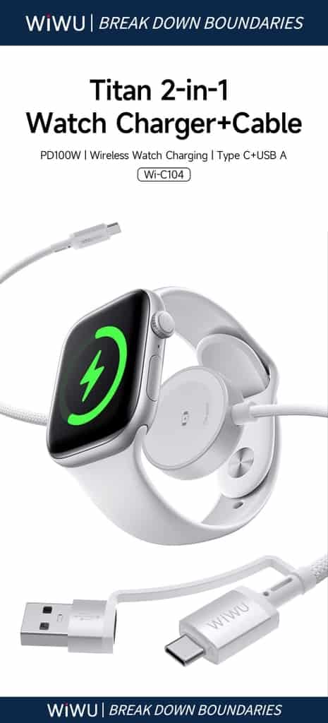 WiWU WI-C104 Titanlink 2-in-1 Apple Watch Charger With 100W Fast Charging Cable