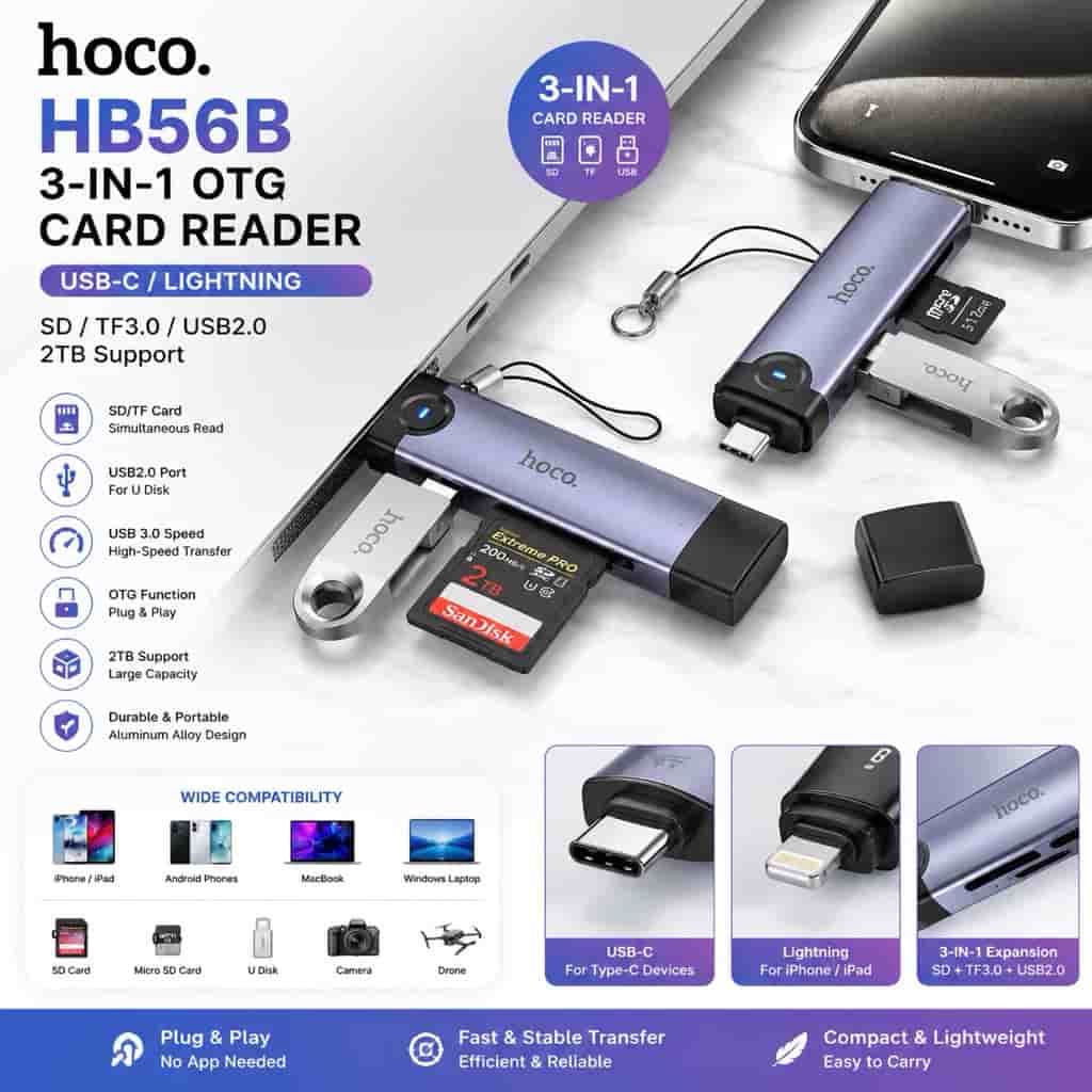Hoco HB56B OTG USB-C / Lightning to SD, TF, USB2.0 Portable Card Reader