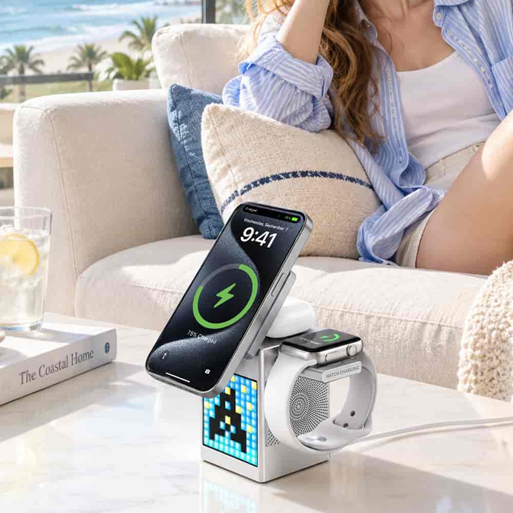 WiWU Wi-W043 Pixel 5-in-1 Qi2 15W Wireless Charging Station Bluetooth Speaker With Pixel Display