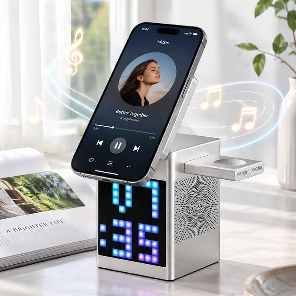WiWU Wi-W043 Pixel 5-in-1 Qi2 15W Wireless Charging Station Bluetooth Speaker With Pixel Display