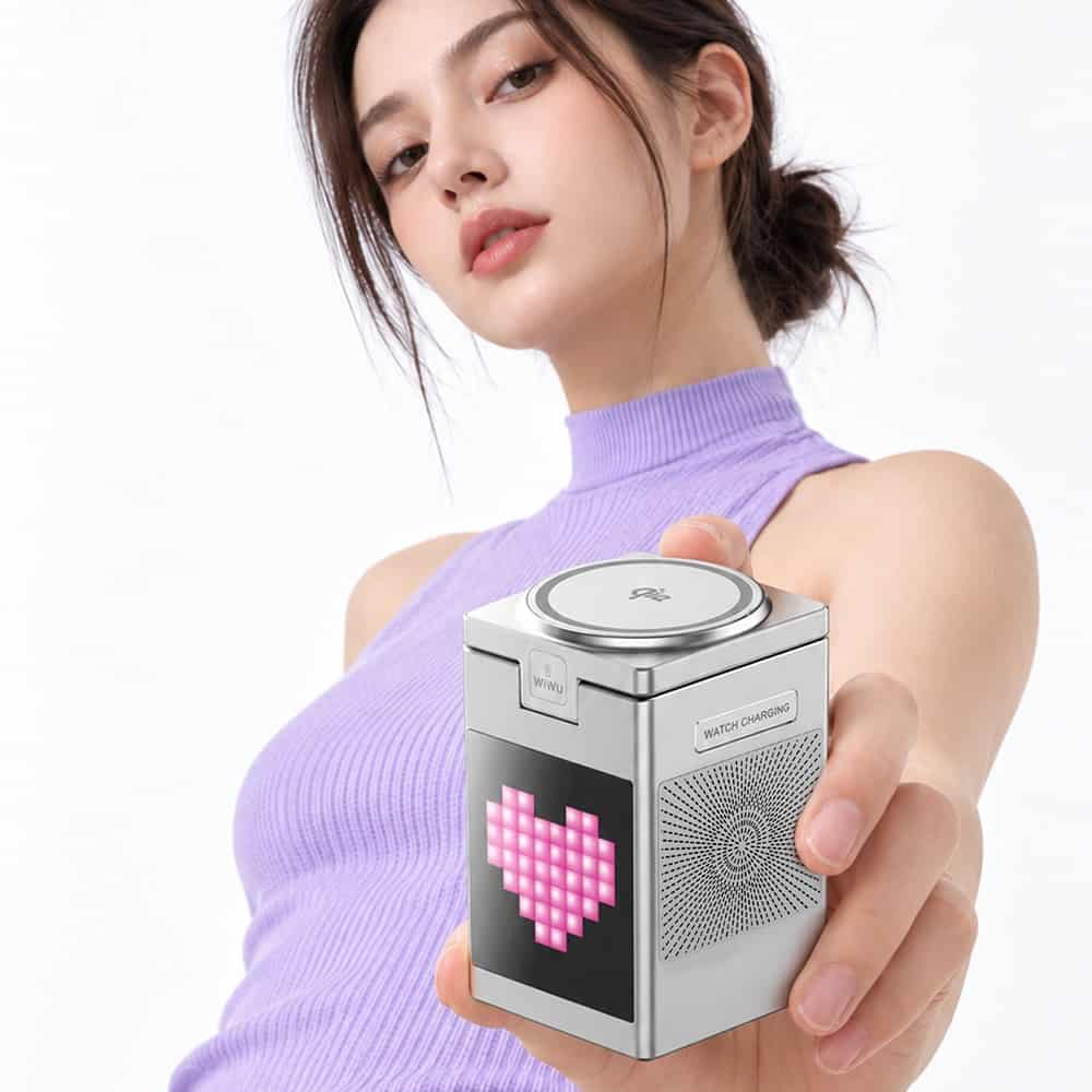 WiWU Wi-W043 Pixel 5-in-1 Qi2 15W Wireless Charging Station Bluetooth Speaker With Pixel Display