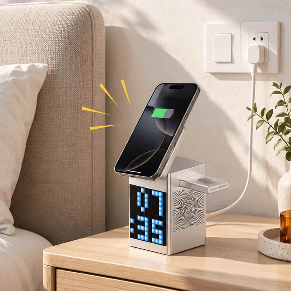 WiWU Wi-W043 Pixel 5-in-1 Qi2 15W Wireless Charging Station Bluetooth Speaker With Pixel Display