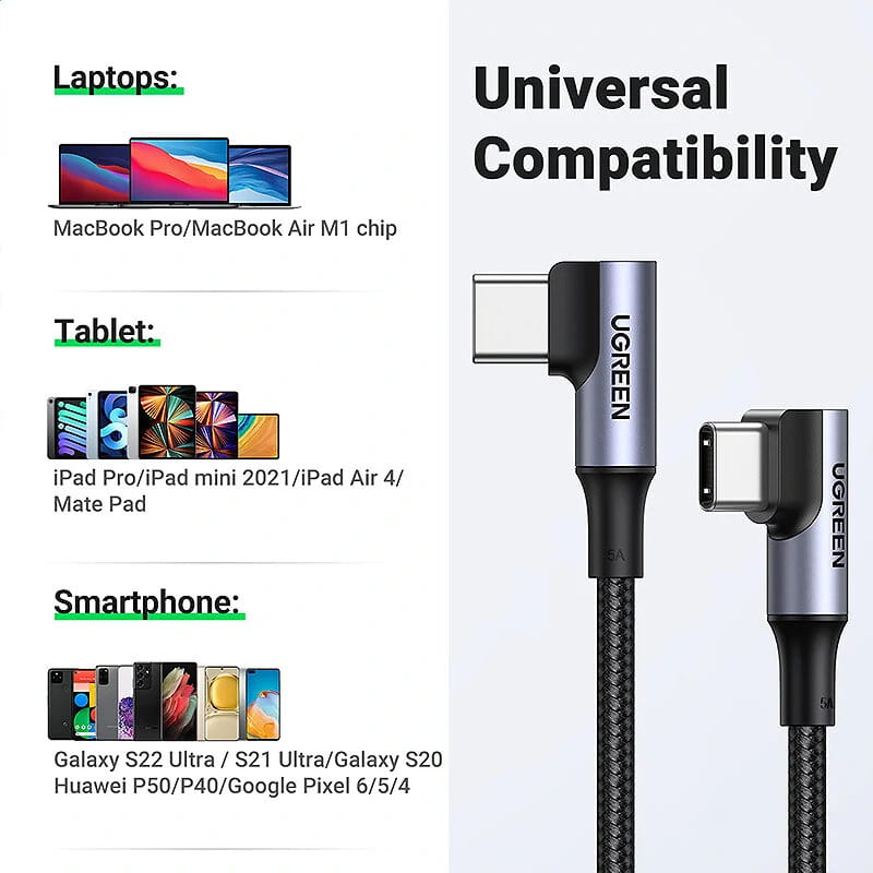 UGREEN US335 Angled USB-C to USB-C 100W 5A Fast Charging & Data Cable (1/2 Meter)