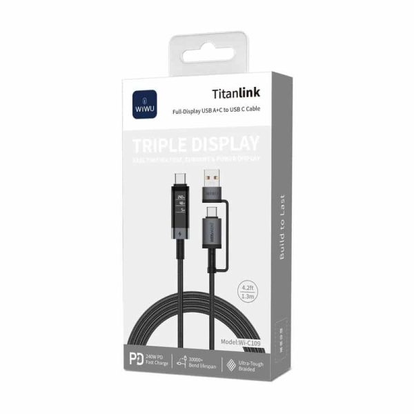 WiWU Wi-C109 Titanlink 240W USB-A+C to USB-C Cable With Real time Triple Display