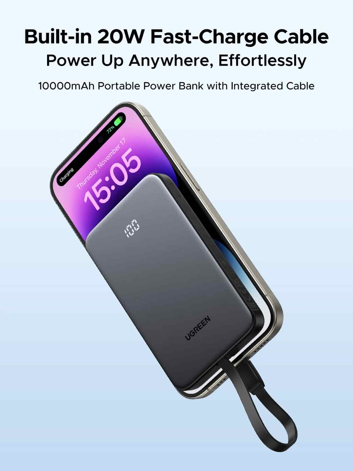 UGREEN PB526 10000mAh 20W Power Bank with Built-in Cable – 75161B