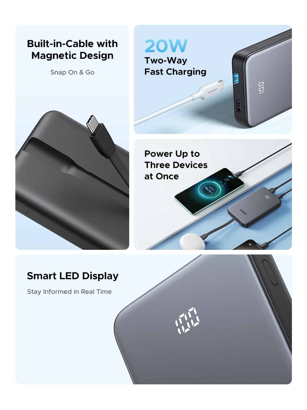 UGREEN PB526 10000mAh 20W Power Bank with Built-in Cable – 75161B