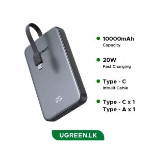 UGREEN PB526 10000mAh 20W Power Bank with Built-in Cable – 75161B