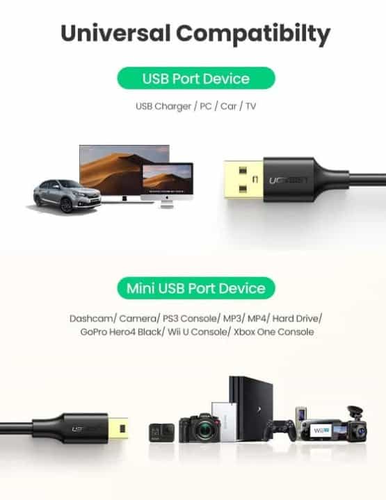 Ugreen US132 USB 2.0 A Male to Mini 5 Pin Male Cable - 1M/3M