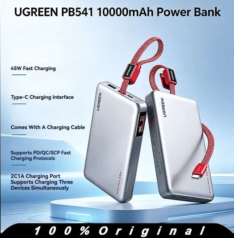 UGREEN PB541 PowerBank 10000mAh 45W Fast Charging Portable Built In Cable With Digital Display