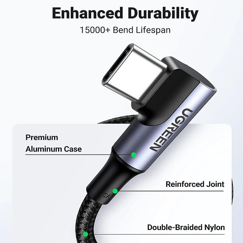 UGREEN US335 Angled USB-C to USB-C 100W 5A Fast Charging & Data Cable (1/2 Meter)