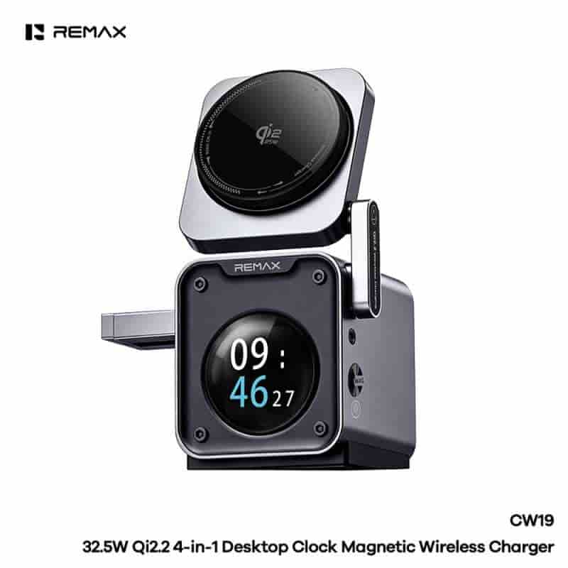 REMAX CW19 Qi2 Magnetic 4-in-1 30W Wireless Charger Active Cooling Fan with Desk Clock
