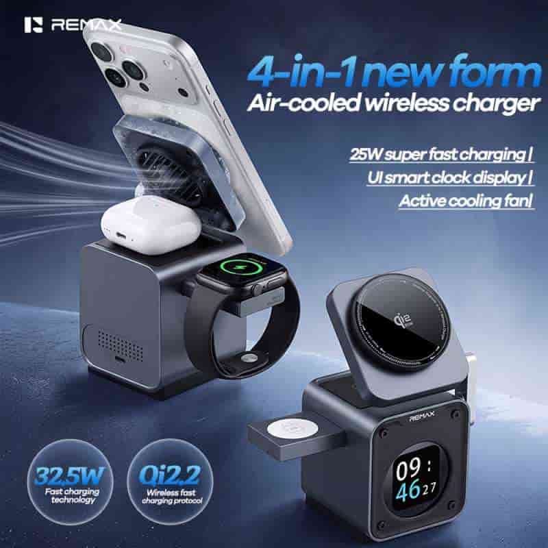 REMAX CW19 Qi2 Magnetic 4-in-1 30W Wireless Charger Active Cooling Fan with Desk Clock