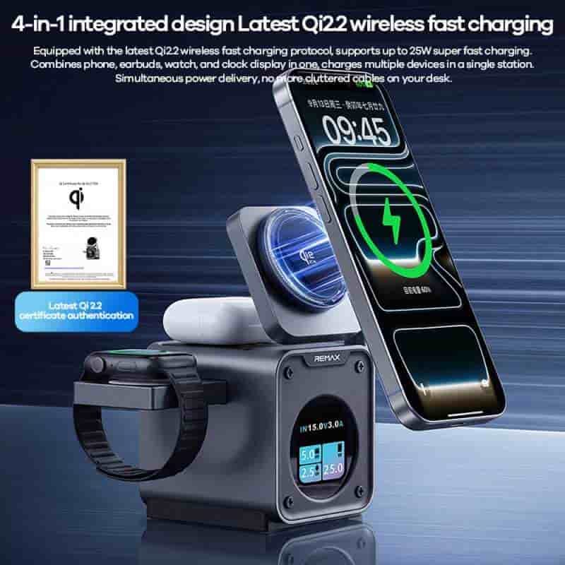 REMAX CW19 Qi2 Magnetic 4-in-1 30W Wireless Charger Active Cooling Fan with Desk Clock