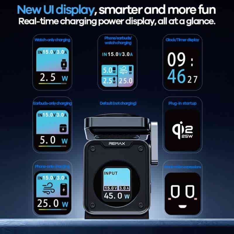 REMAX CW19 Qi2 Magnetic 4-in-1 30W Wireless Charger Active Cooling Fan with Desk Clock